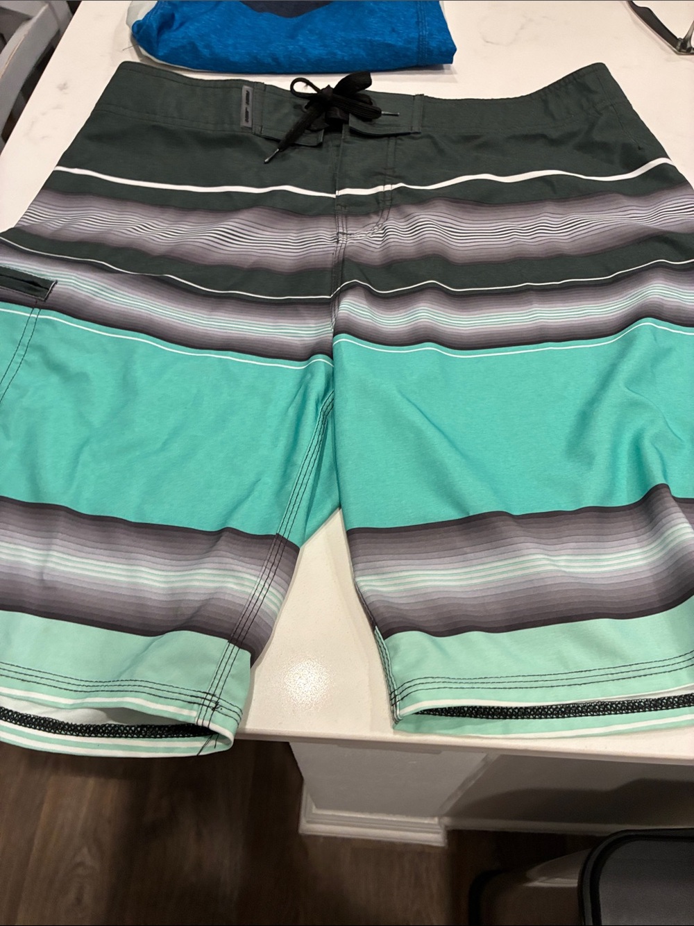 Ron Jon Teal and Dark Green Striped Swim Board Shorts